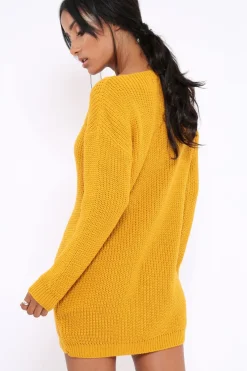 Rebellious Fashion Mustard Jumper Dress with Twist Knit Detail - Antonia