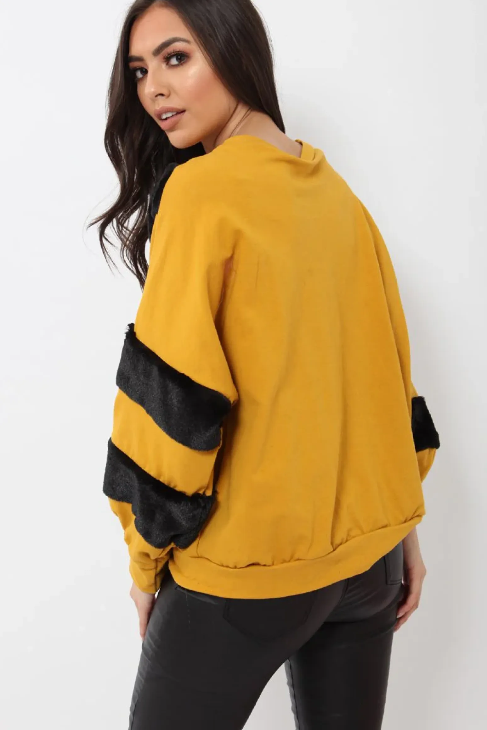 Rebellious Fashion Mustard Jumper with Fur on Front and Sleeves - Mercedes
