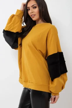 Rebellious Fashion Mustard Jumper with Fur Sleeves - Stephanie