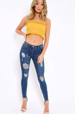 Rebellious Fashion Mustard Knit Frill Bandeau Crop Top - Poppy