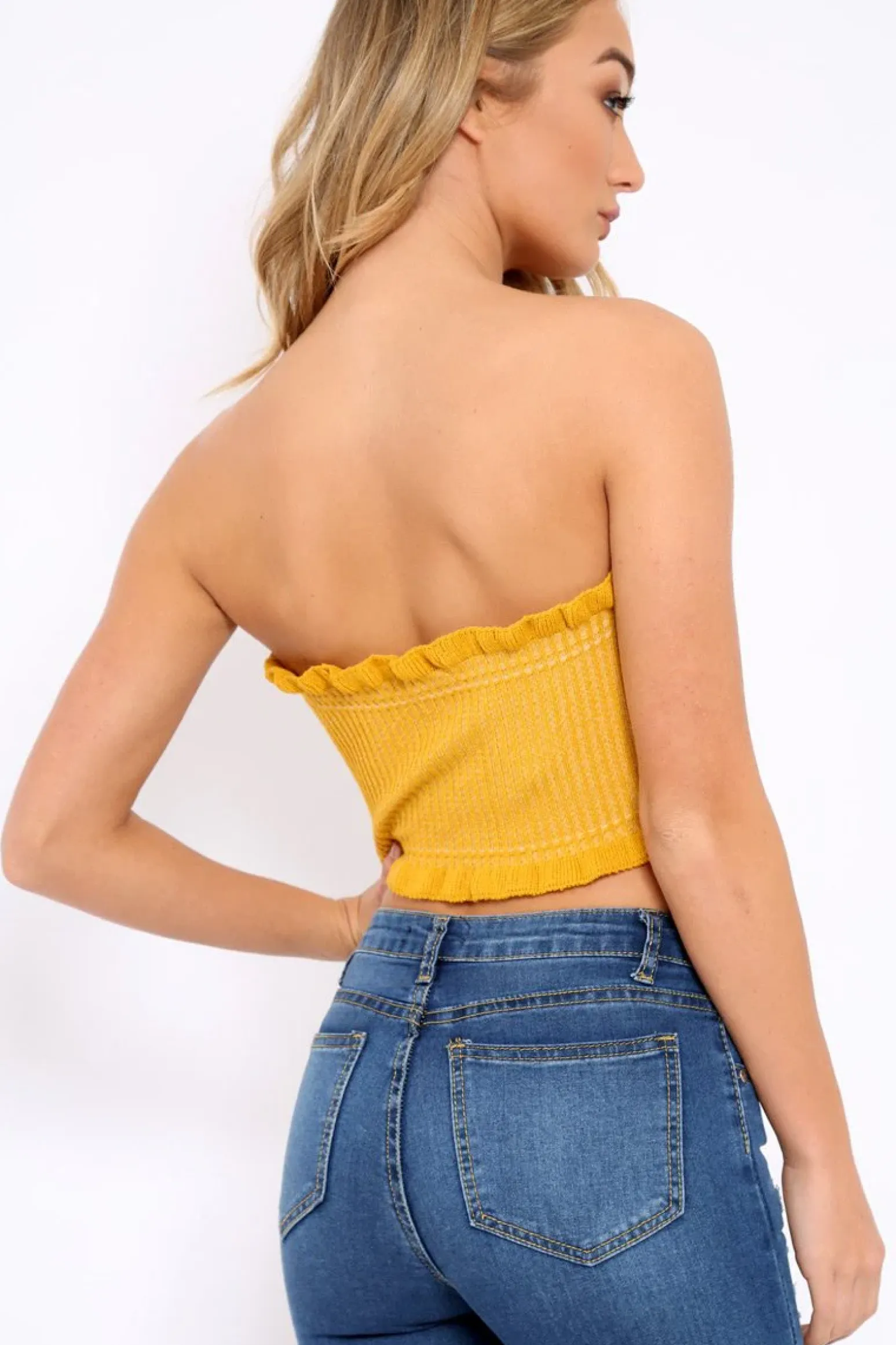 Rebellious Fashion Mustard Knit Frill Bandeau Crop Top - Poppy