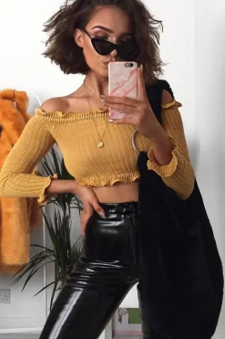 Rebellious Fashion Mustard Knitted Bardot Frill Crop Top - Kesia
