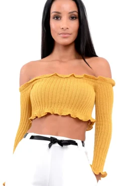 Rebellious Fashion Mustard Knitted Bardot Frill Crop Top - Kesia
