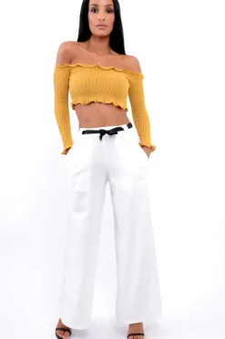 Rebellious Fashion Mustard Knitted Bardot Frill Crop Top - Kesia