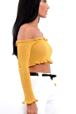 Rebellious Fashion Mustard Knitted Bardot Frill Crop Top - Kesia