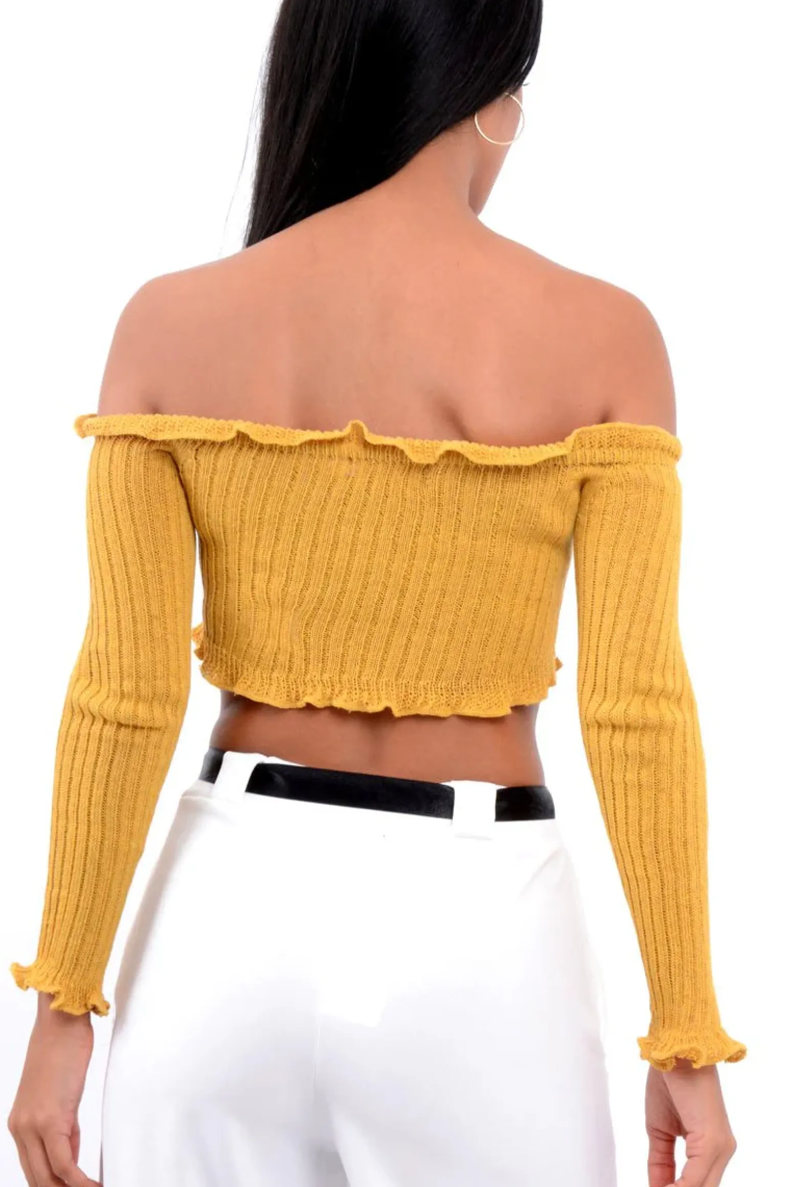 Rebellious Fashion Mustard Knitted Bardot Frill Crop Top - Kesia