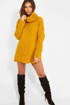 Rebellious Fashion Mustard Knitted Borg Oversized Roll Neck Jumper - Ebbie