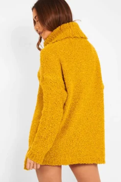 Rebellious Fashion Mustard Knitted Borg Oversized Roll Neck Jumper - Ebbie