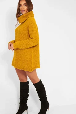 Rebellious Fashion Mustard Knitted Borg Oversized Roll Neck Jumper - Ebbie