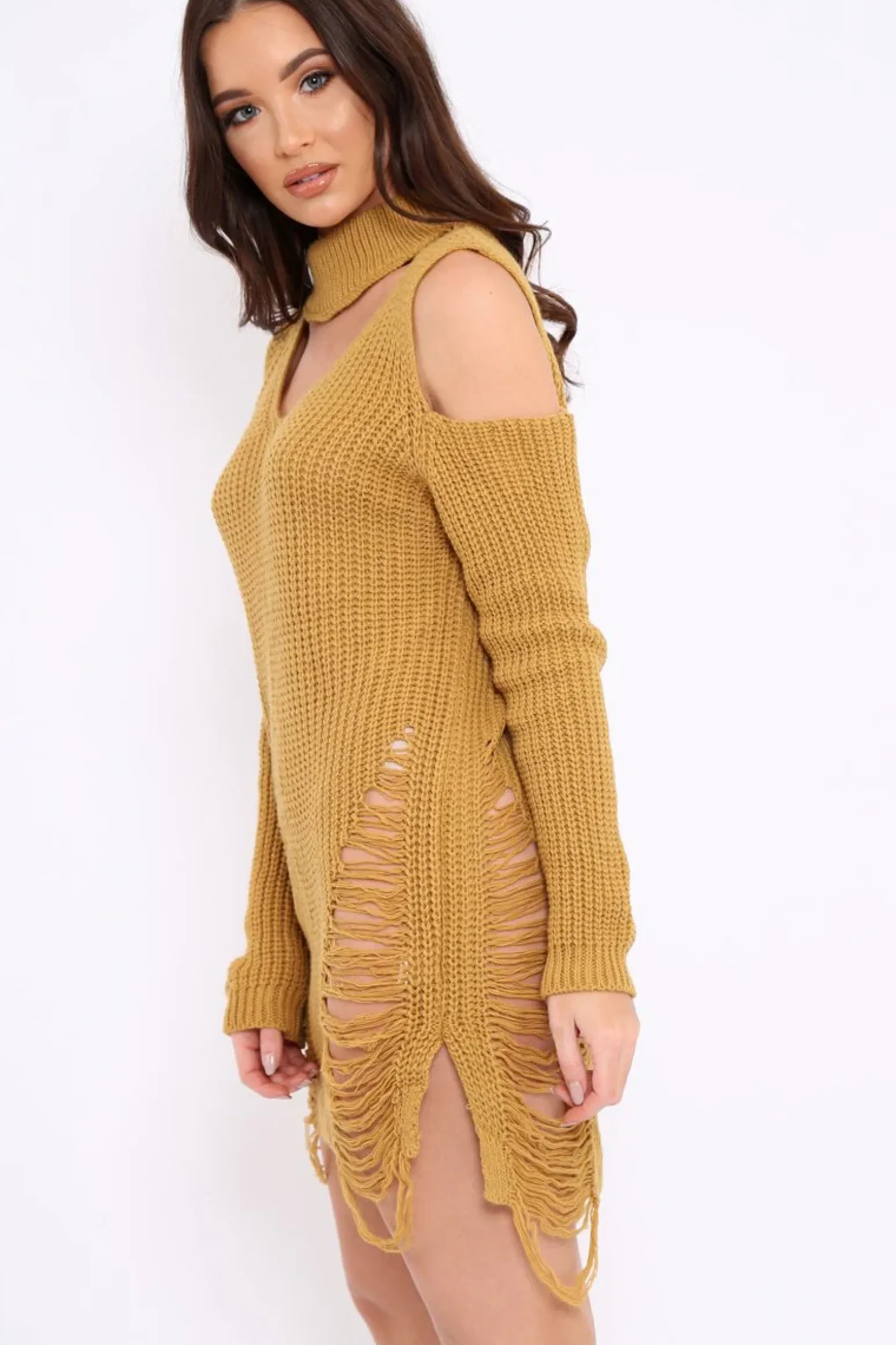 Rebellious Fashion Mustard Knitted Cut Out Front Cold Shoulder Distressed Jumper Dress - Jamie