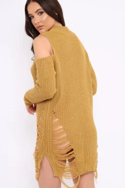 Rebellious Fashion Mustard Knitted Cut Out Front Cold Shoulder Distressed Jumper Dress - Jamie
