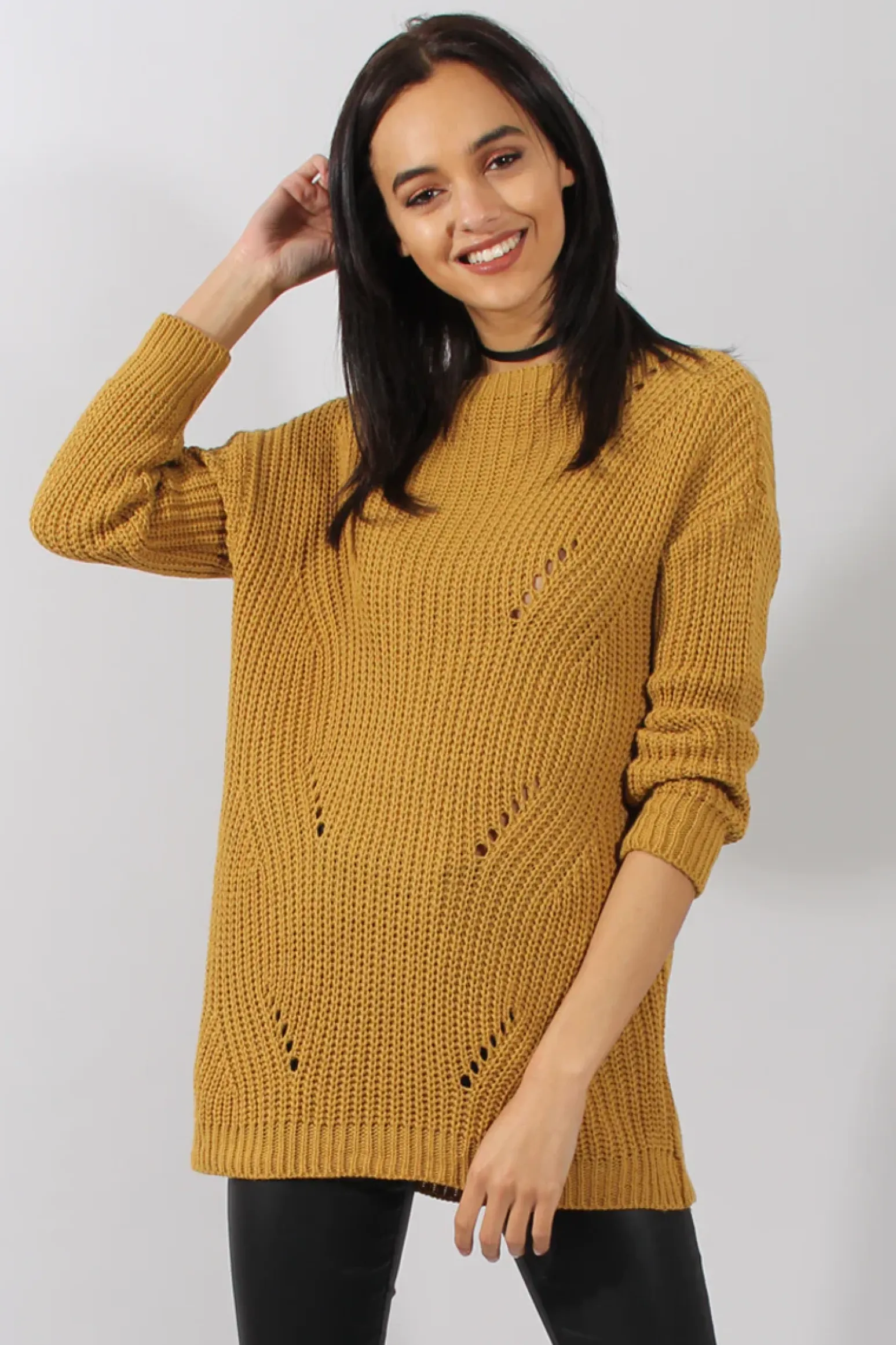 Rebellious Fashion Mustard Knitted Distressed Back Jumper Dress - Cara