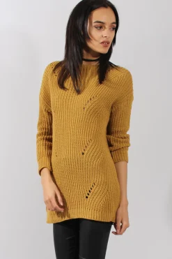 Rebellious Fashion Mustard Knitted Distressed Back Jumper Dress - Cara