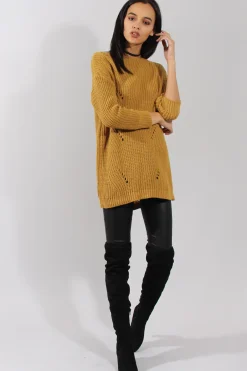 Rebellious Fashion Mustard Knitted Distressed Back Jumper Dress - Cara