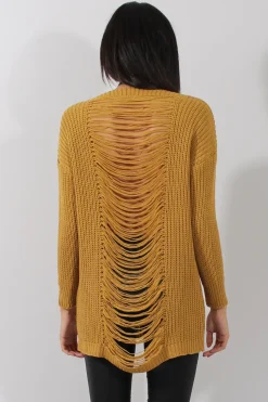 Rebellious Fashion Mustard Knitted Distressed Back Jumper Dress - Cara