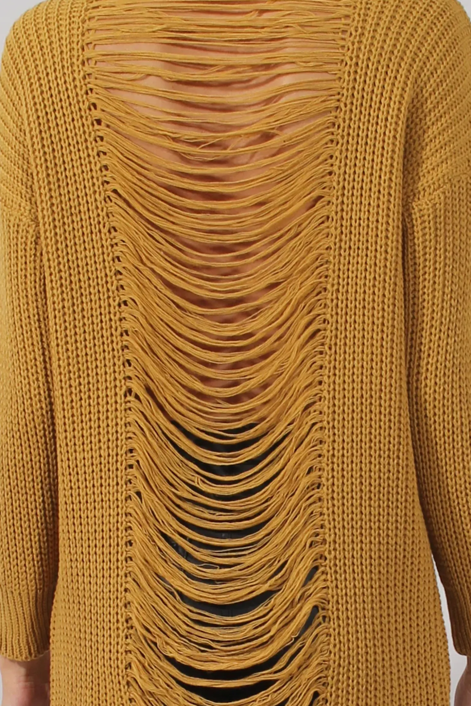 Rebellious Fashion Mustard Knitted Distressed Back Jumper Dress - Cara