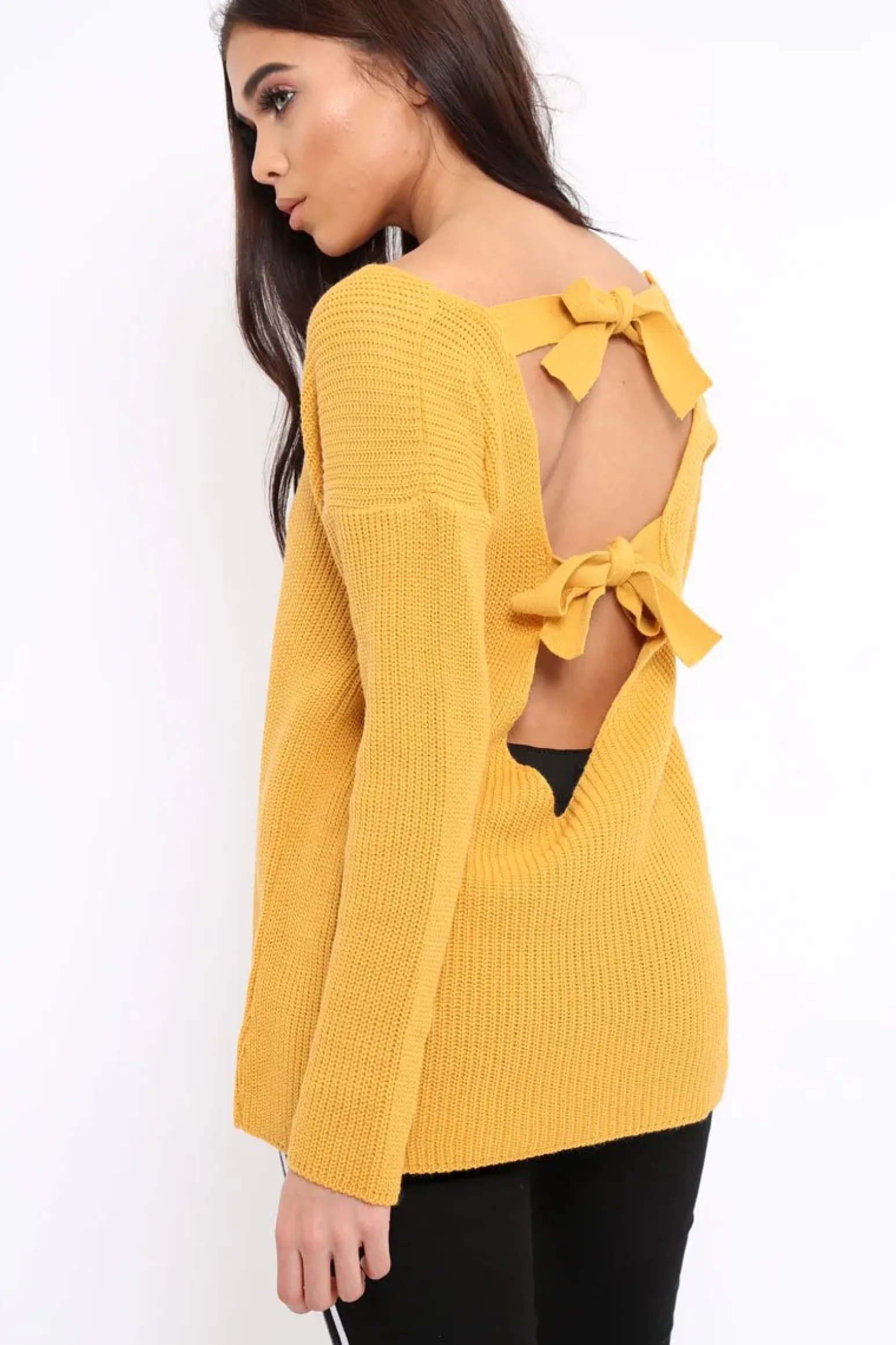 Rebellious Fashion Mustard Knitted Jumper with Bow Back - Oliviah