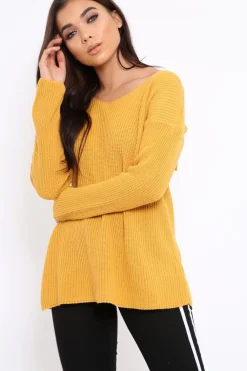 Rebellious Fashion Mustard Knitted Jumper with Bow Back - Oliviah