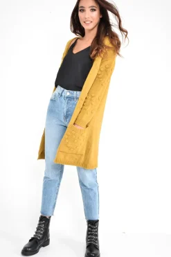 Rebellious Fashion Mustard Knitted Longline Bobble Cardigan - Annette