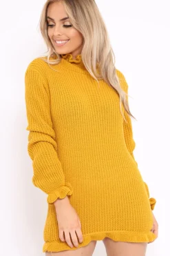 Rebellious Fashion Mustard Knitted Ruffle Jumper Dress with Elasticated hems - Velma