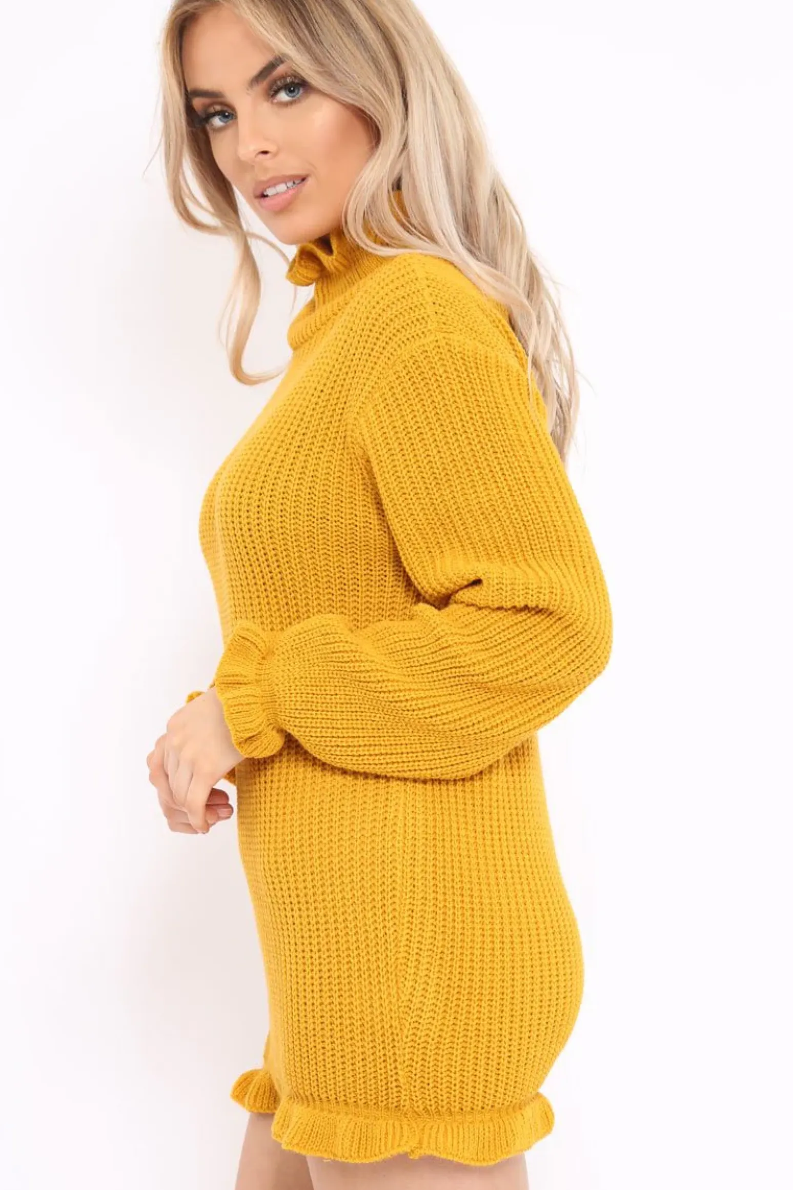 Rebellious Fashion Mustard Knitted Ruffle Jumper Dress with Elasticated hems - Velma