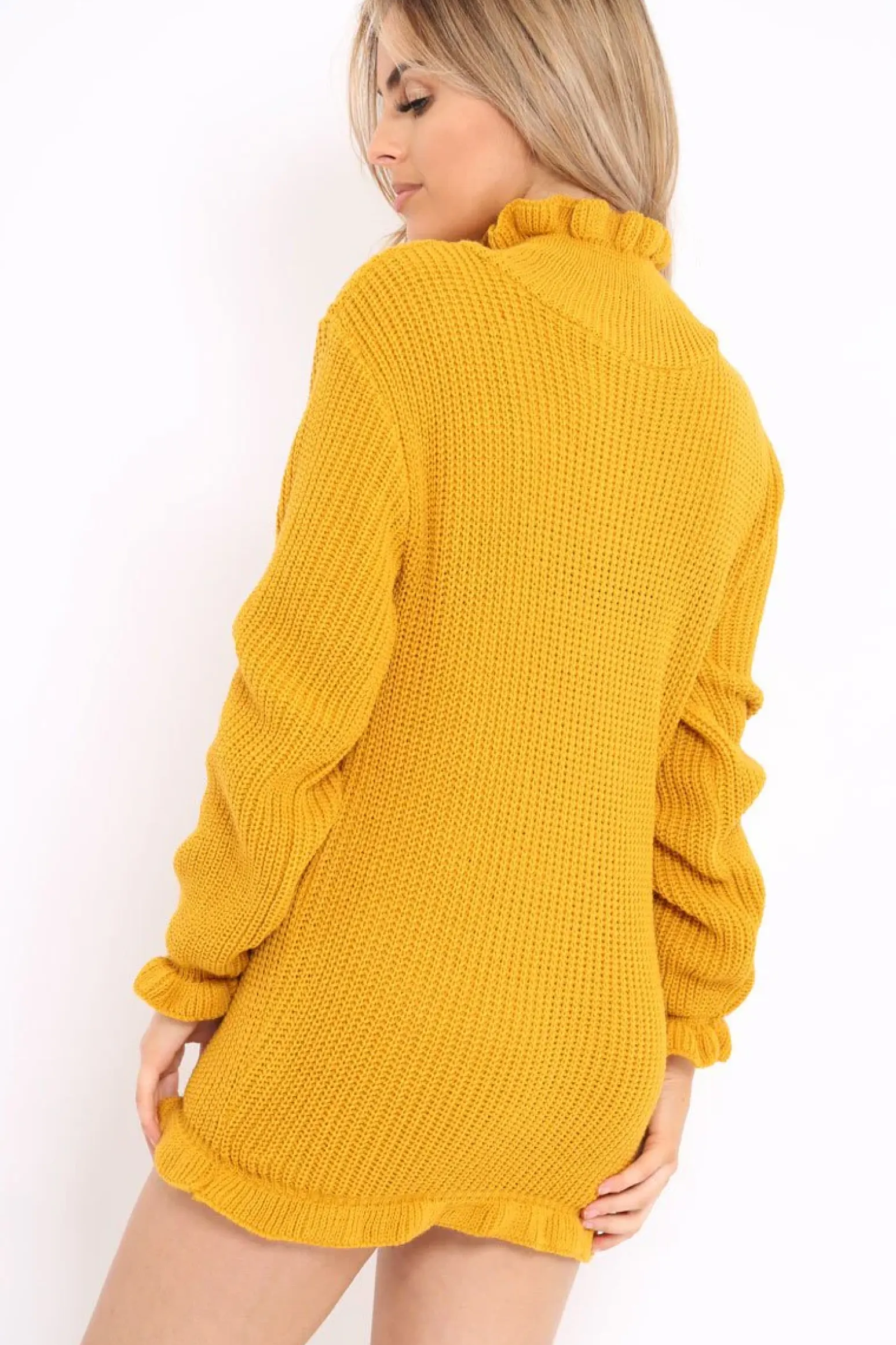 Rebellious Fashion Mustard Knitted Ruffle Jumper Dress with Elasticated hems - Velma