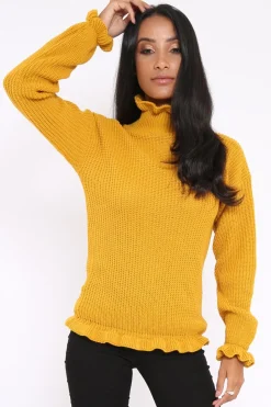 Rebellious Fashion Mustard Knitted Ruffle Jumper with Elasticated hems - Kayleigh