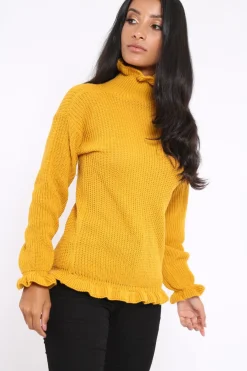 Rebellious Fashion Mustard Knitted Ruffle Jumper with Elasticated hems - Kayleigh