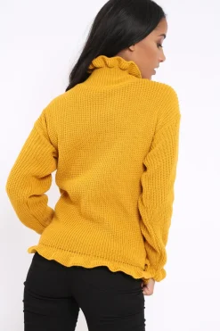 Rebellious Fashion Mustard Knitted Ruffle Jumper with Elasticated hems - Kayleigh