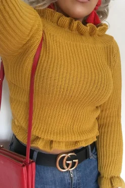 Rebellious Fashion Mustard Knitted Ruffle Jumper with Elasticated hems - Eve