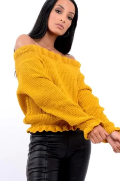 Rebellious Fashion Mustard Knitted Ruffle Jumper with Elasticated hems - Eve