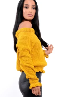 Rebellious Fashion Mustard Knitted Ruffle Jumper with Elasticated hems - Eve