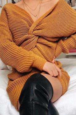 Rebellious Fashion Mustard Knot Front Jumper Dress - Hydee
