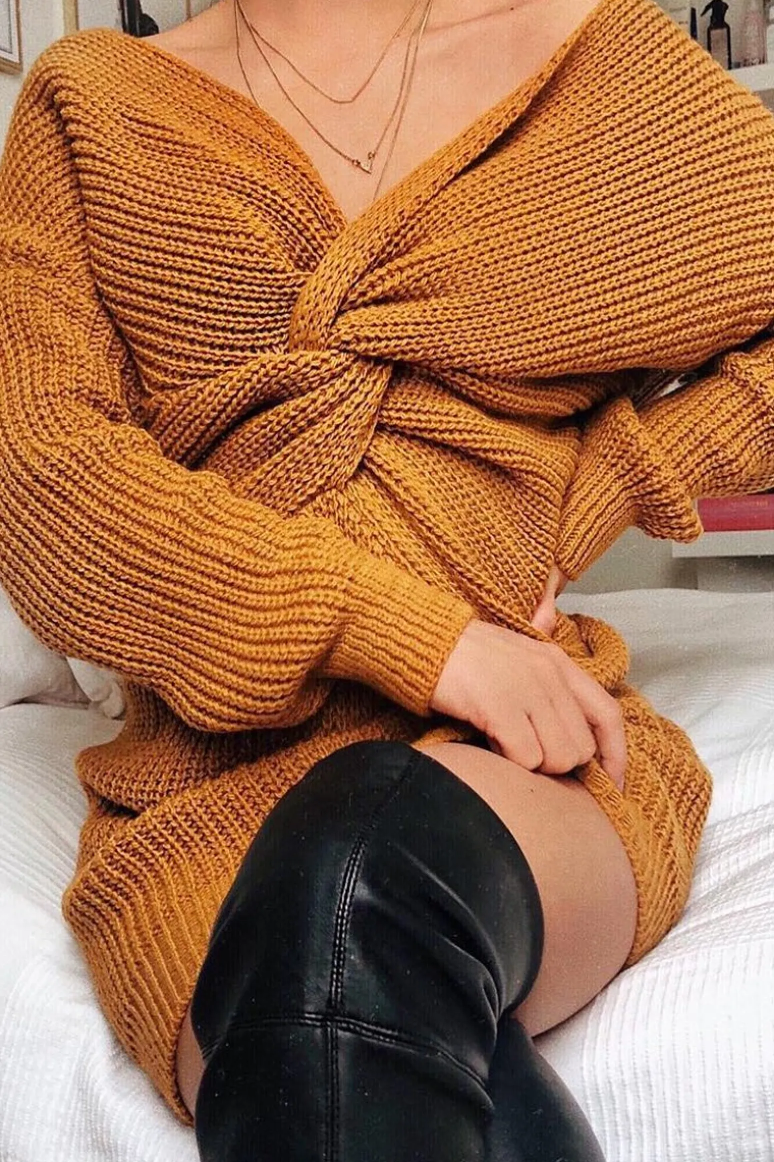 Rebellious Fashion Mustard Knot Front Jumper Dress - Hydee