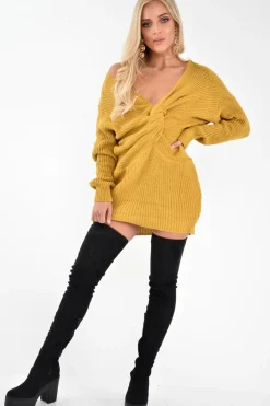 Rebellious Fashion Mustard Knot Front Jumper Dress - Hydee
