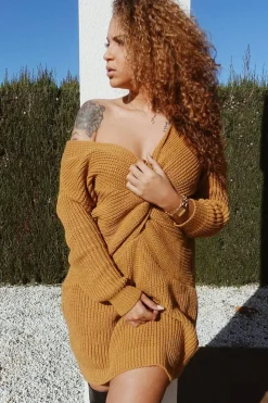 Rebellious Fashion Mustard Knot Front Jumper Dress - Hydee
