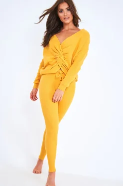 Rebellious Fashion Mustard Knot Front Knit Loungewear Set - Lorelei