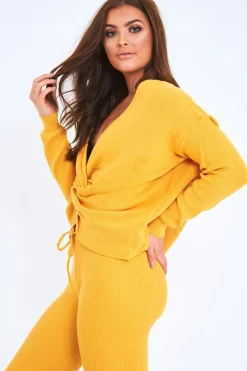 Rebellious Fashion Mustard Knot Front Knit Loungewear Set - Lorelei