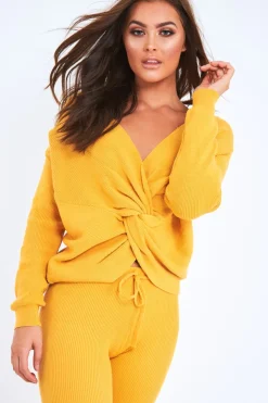 Rebellious Fashion Mustard Knot Front Knit Loungewear Set - Lorelei