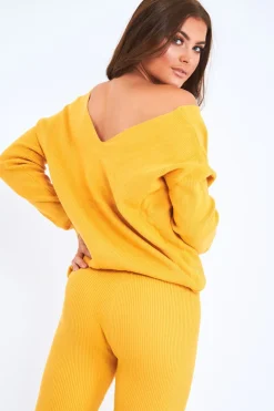 Rebellious Fashion Mustard Knot Front Knit Loungewear Set - Lorelei