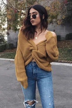 Rebellious Fashion Mustard Knot Knit Jumper - Kerri