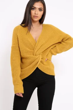 Rebellious Fashion Mustard Knot Knit Jumper - Kerri
