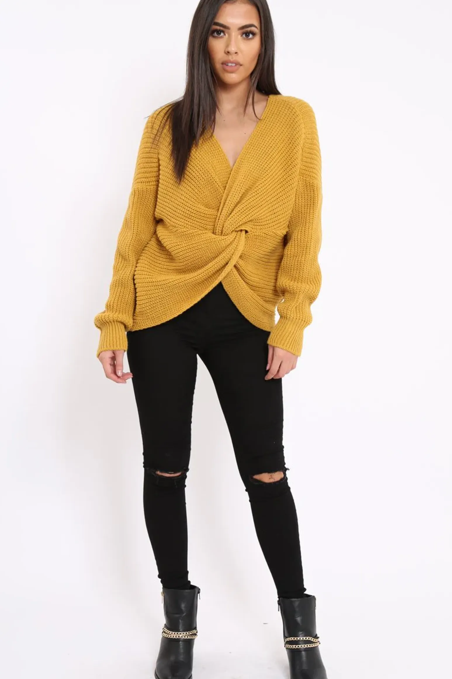 Rebellious Fashion Mustard Knot Knit Jumper - Kerri