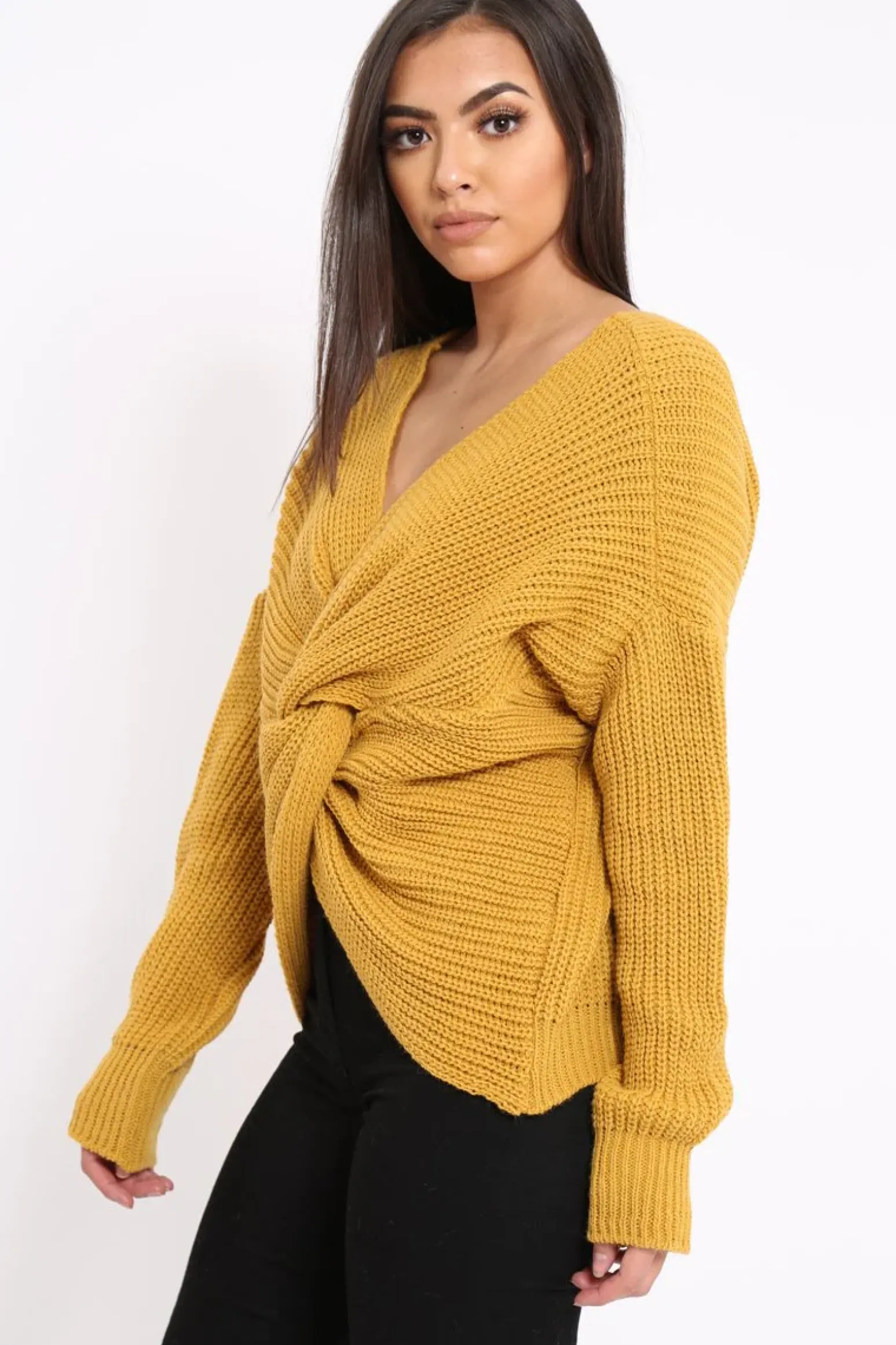 Rebellious Fashion Mustard Knot Knit Jumper - Kerri