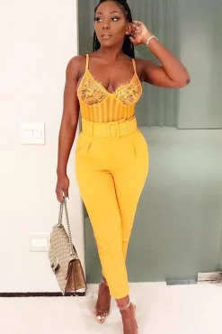 Rebellious Fashion Mustard Lace Cup Stripe Bodice Bodysuit - Paislea