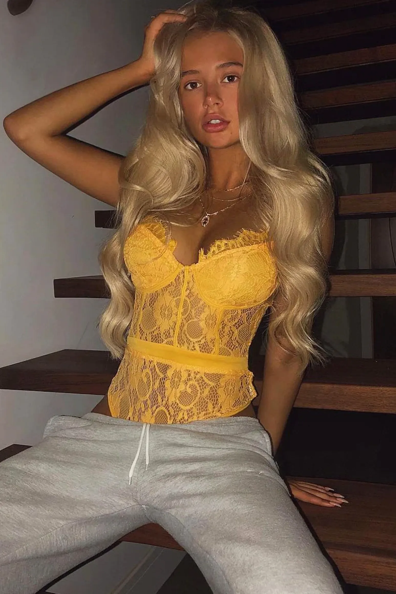 Rebellious Fashion Mustard Lace Flower Bodysuit - Faylen