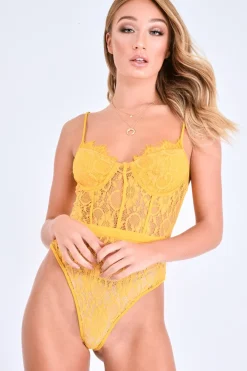 Rebellious Fashion Mustard Lace Flower Bodysuit - Faylen