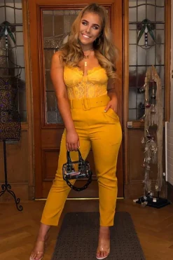 Rebellious Fashion Mustard Lace Flower Bodysuit - Faylen