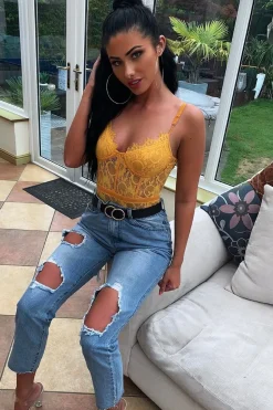 Rebellious Fashion Mustard Lace Flower Bodysuit - Faylen