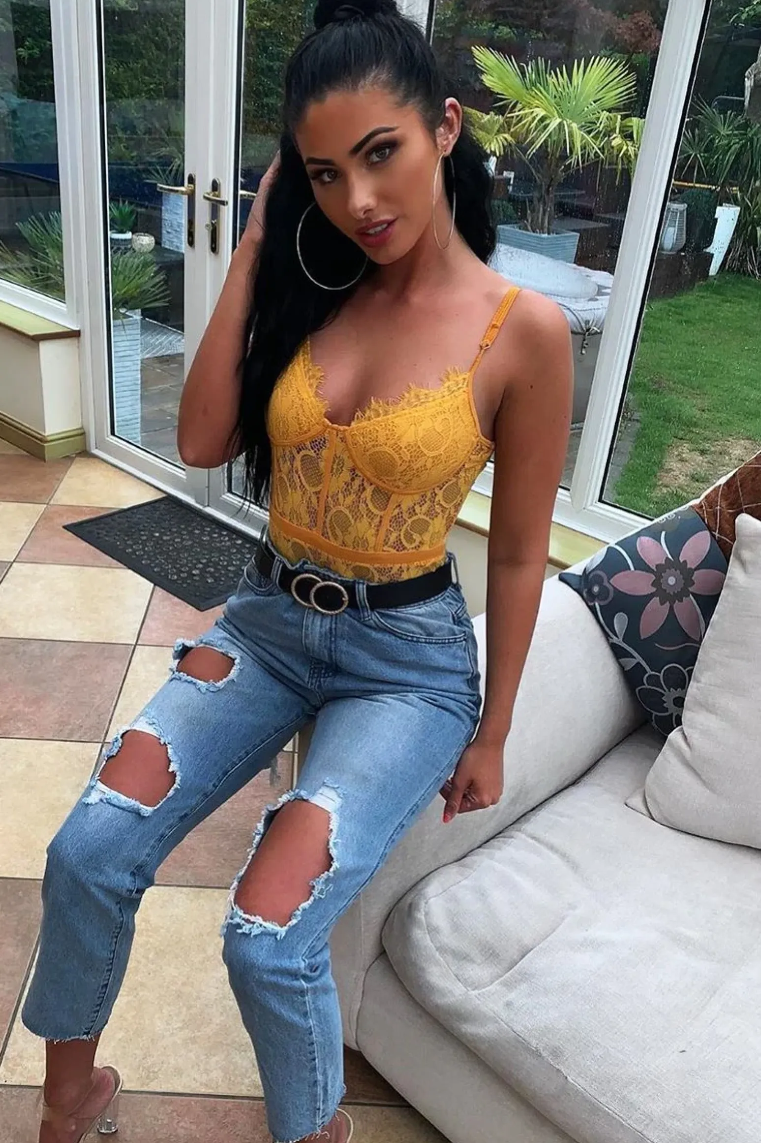 Rebellious Fashion Mustard Lace Flower Bodysuit - Faylen
